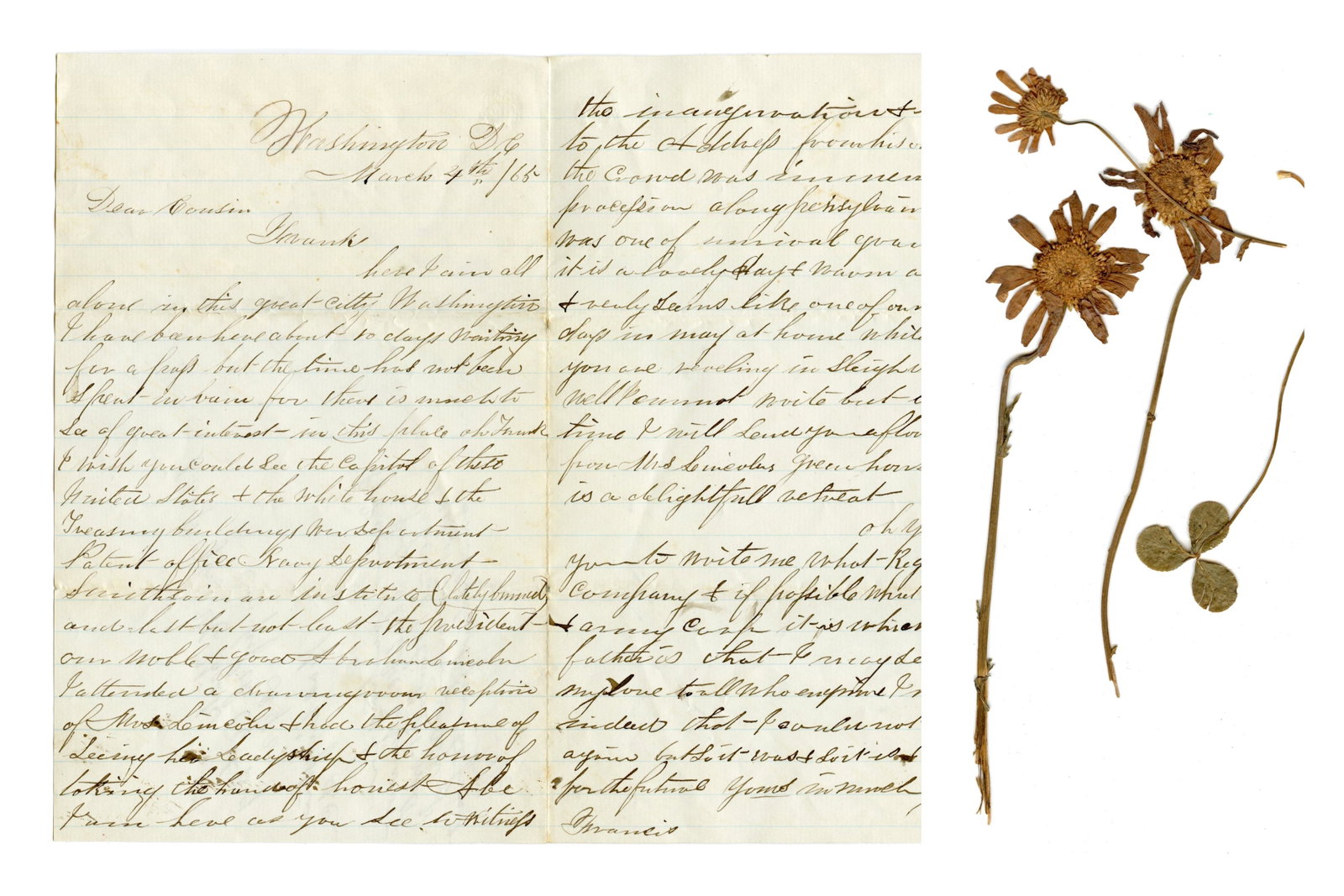 Lincoln’s Inauguration Letter w/ Rare Relic!: William H. (‘Henry’) Fisk of the 66th New York Infantry found himself stationed in Washington, D.C. in March of 1865. Consequently, he was able to attend President Lincoln’s second i