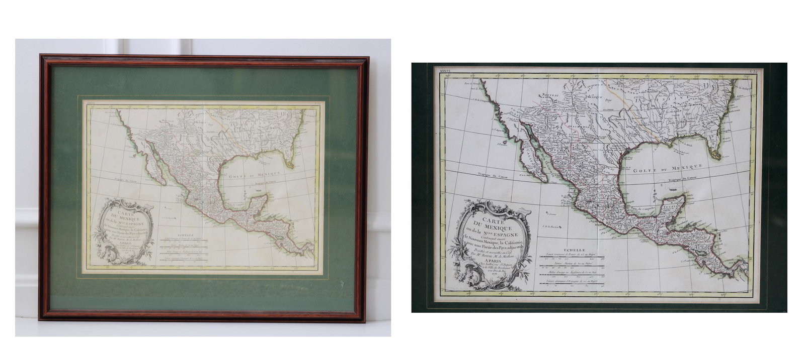 C. 1771 Map of Mexico: Original “Carte du Mexique” c. 1771 map of Mexico and a portion of the modern-day United States at the time of the American Revolution. Hand colored and produced by Bonne and Mathern in Pa