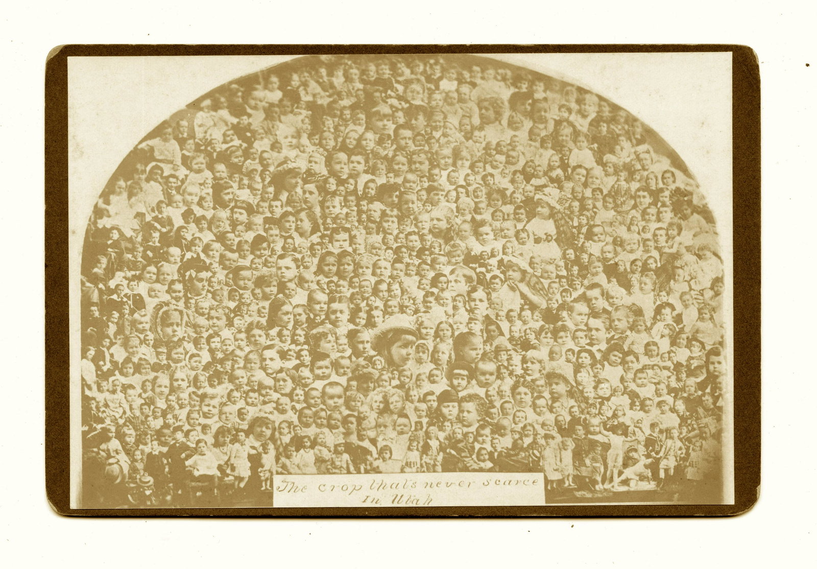 [Mormon] "Crop That’s Never Scare" Cabinet Card: Dating to the turn of the century, this fascinating mounted photograph features a collage of dozens, if not hundreds, of photos of babies. Captioned “The Crop Thats Never Scarce in Utah," it pok