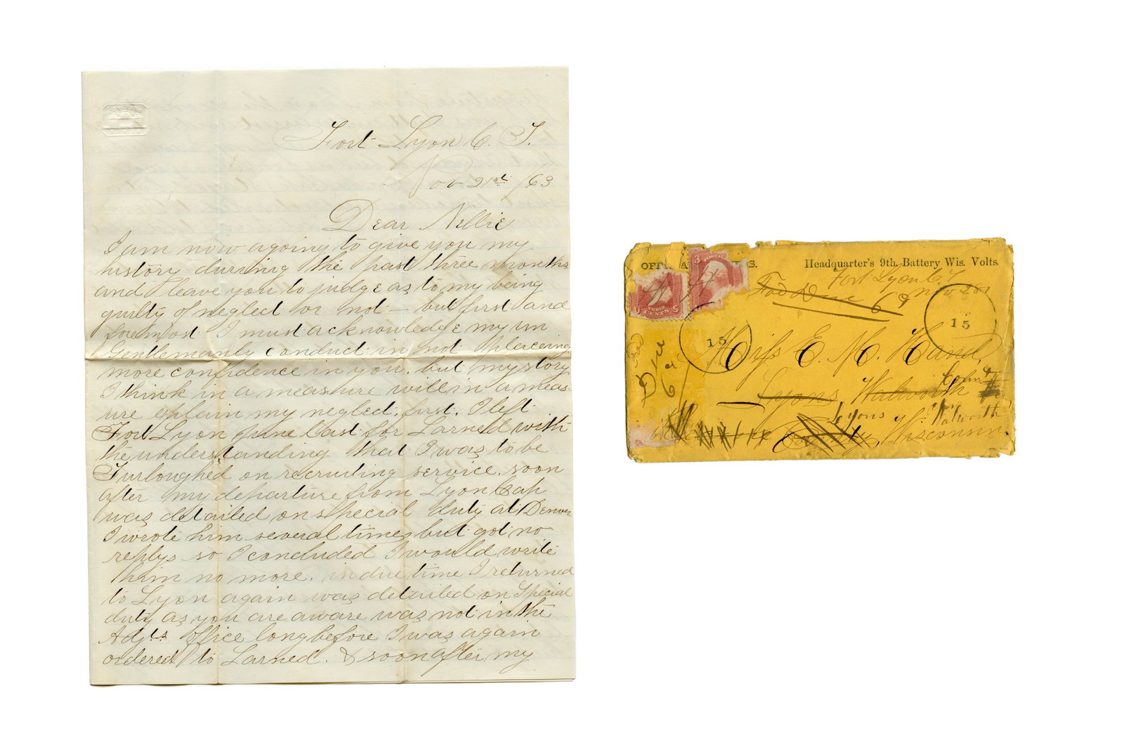 9th Wisconsin LA Letters, Written from Colorado: Two letters written by John Greenwood Meadows (1839-1928), who served in the 9th Wisconsin Light Artillery during the Civil War. John, a farmer, entered into a romantic relationship with Ellen (&ldquo