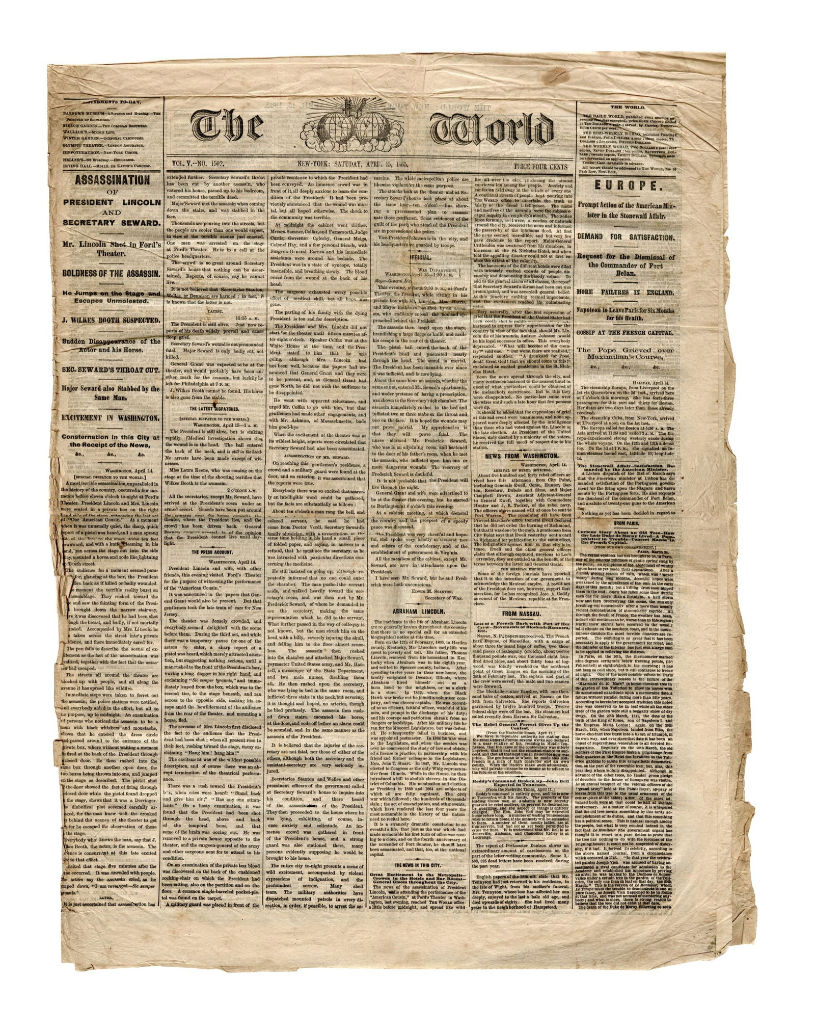 Lincoln’s Assassination, April 15th 1865 Newspaper , (1 of 1)