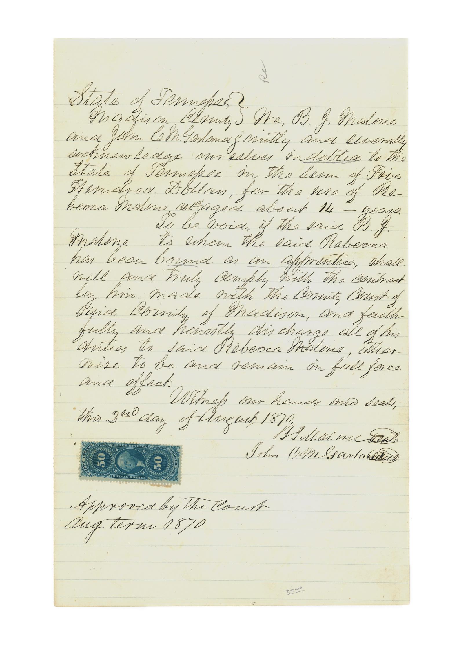 [Slavery] “Apprenticeship” of Girls in Tennessee (1 of 3)