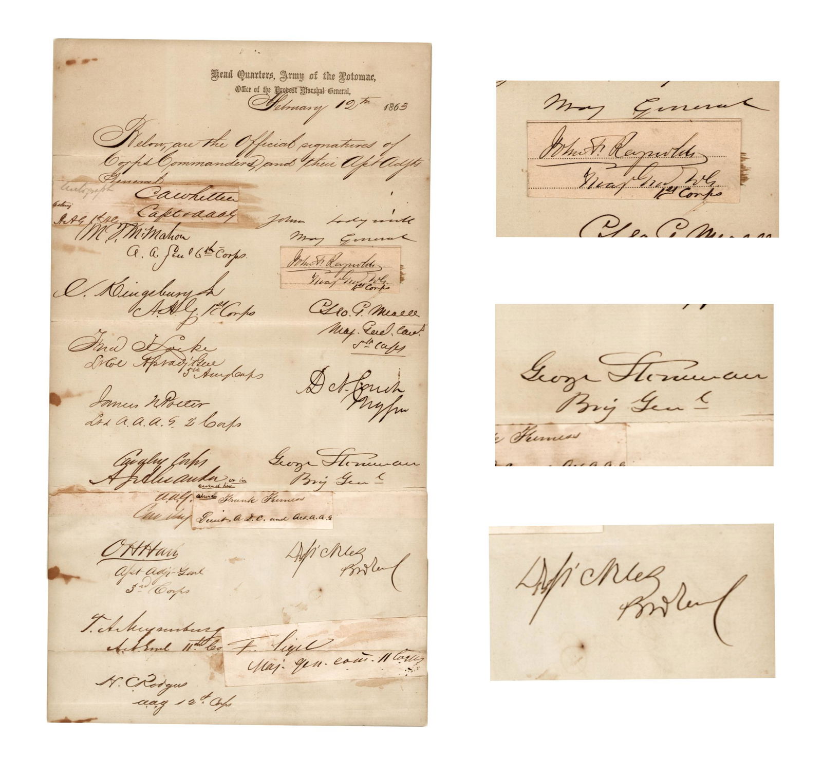 [Civil War] Corps Commander Signatures (Meade, Reynolds, Stoneman…) (1 of 2)