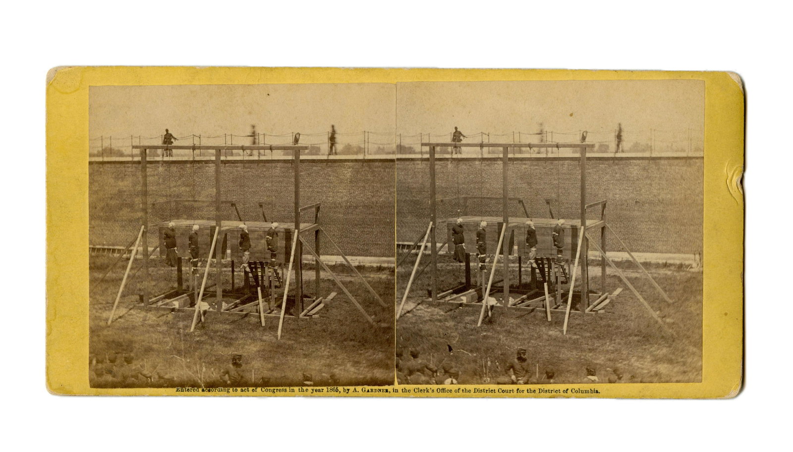 [Abraham Lincoln] Execution of the Conspirators : Execution of the Conspirators Stereoview Alexander Gardner (1821-1882), photographer. No. 983. Execution of the Conspirators. The Suspension. Albumen stereoview on orange mount. Washington, DC: Philp