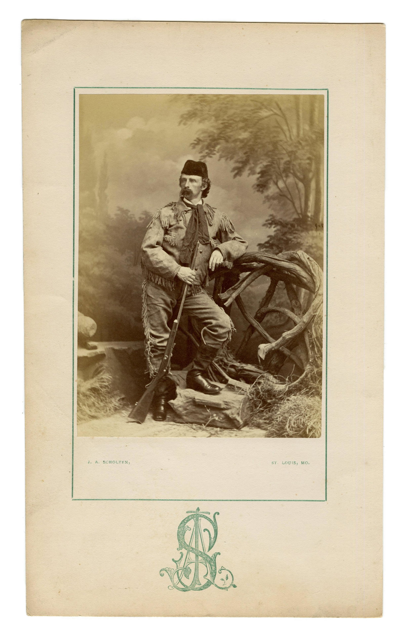 [George A. Custer] Buffalo Hunt Portrait : George Armstrong Custer (1839-1876). Albumen photograph. St. Louis: James A. Scholten, [ca 1874]. Print measures 5 1/2" x 4,” overall 5 1/4" x 9 1/2.” Rare albumen photograph of General Custer d