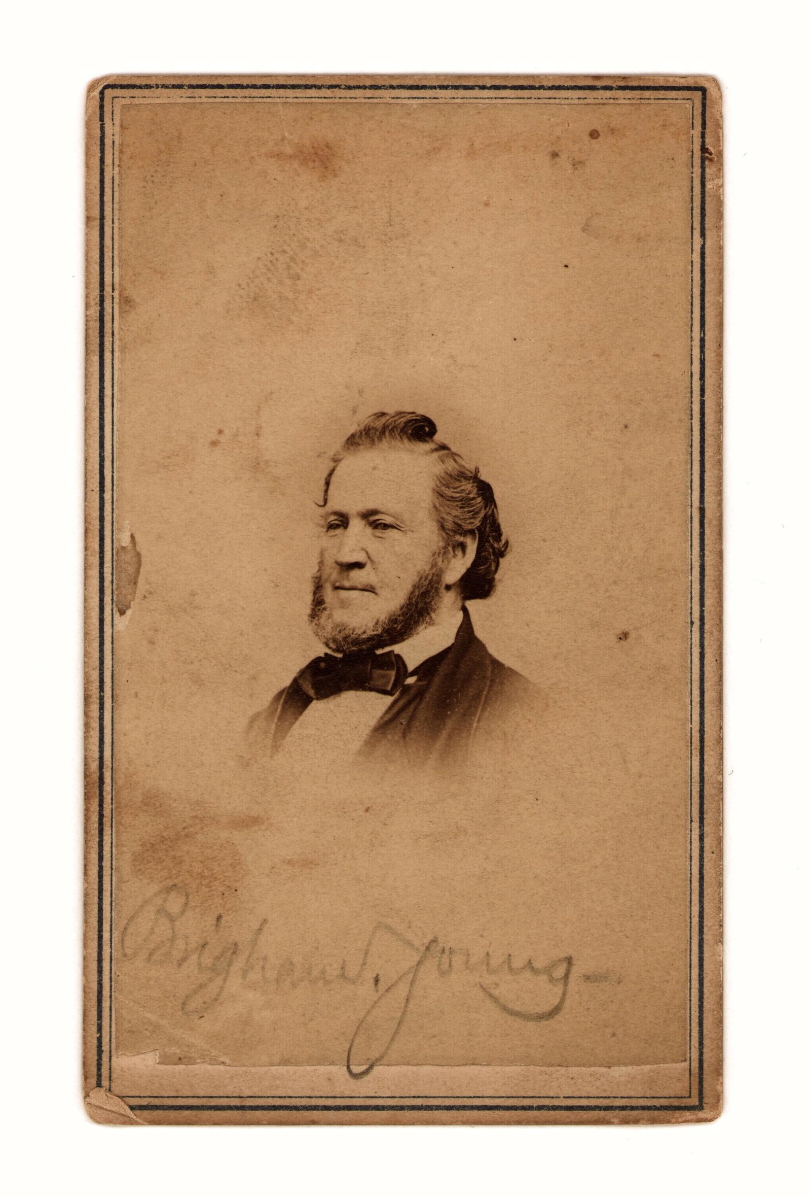 [Mormon, CDV] Brigham Young : Rare CDV Portrait of Brigham Young, Mormon Leader Albumen CDV. Salt Lake City: Savage & Ottinger, ca 1862-1870. Pencil inscription identifies Young to image lower margin. Photographers’ imprint to v