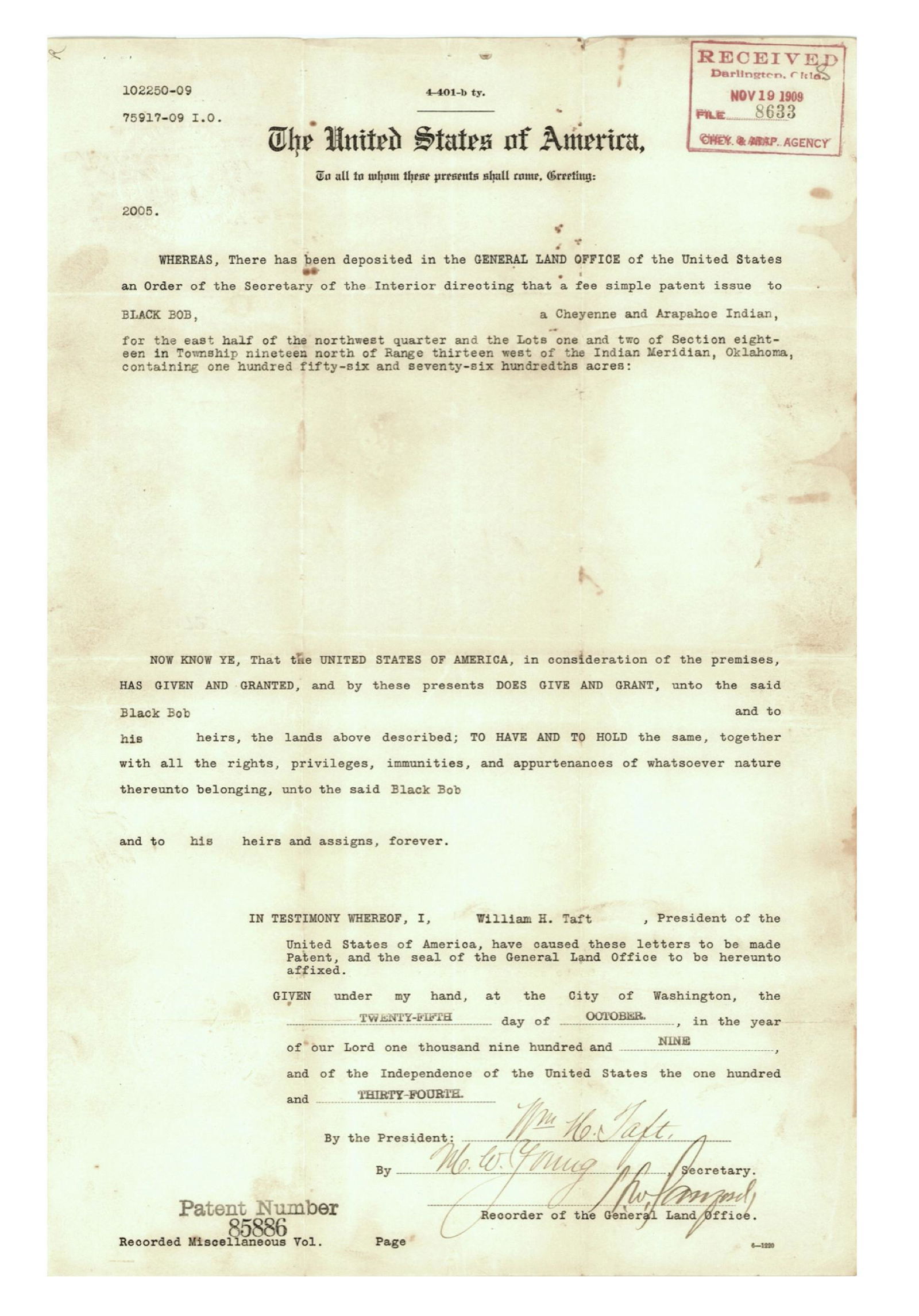 [Native American] Land Grant to “Black Bob”  (1 of 1)