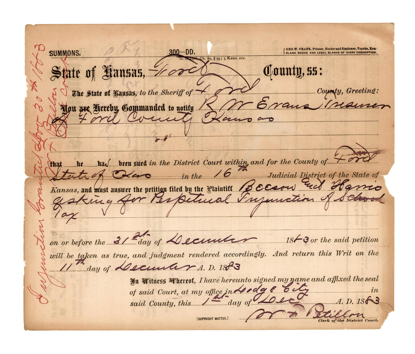 [Western Outlaw] 1883 Dodge City Sheriff Summons  (1 of 2)