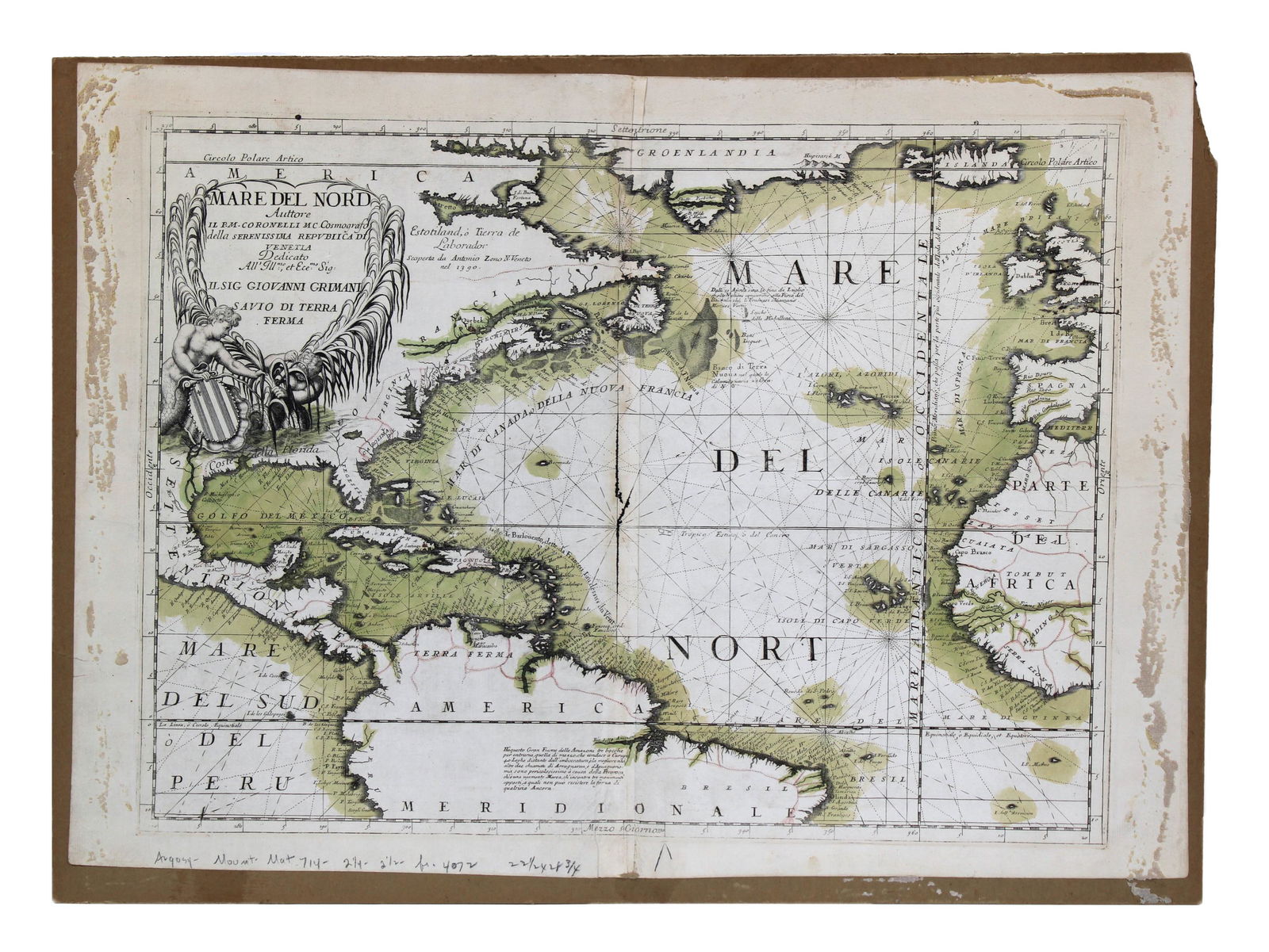 c. 1691 Atlantic Ocean Map,Vincenzo Coronelli [Map] : Attractive hand colored map by Vincenzo Coronelli, born in Venice on 16 August 1650 but raised in Ravenna. He returned to Venice in 1665 and joined the convent of the Minor Conventuals. Five years lat