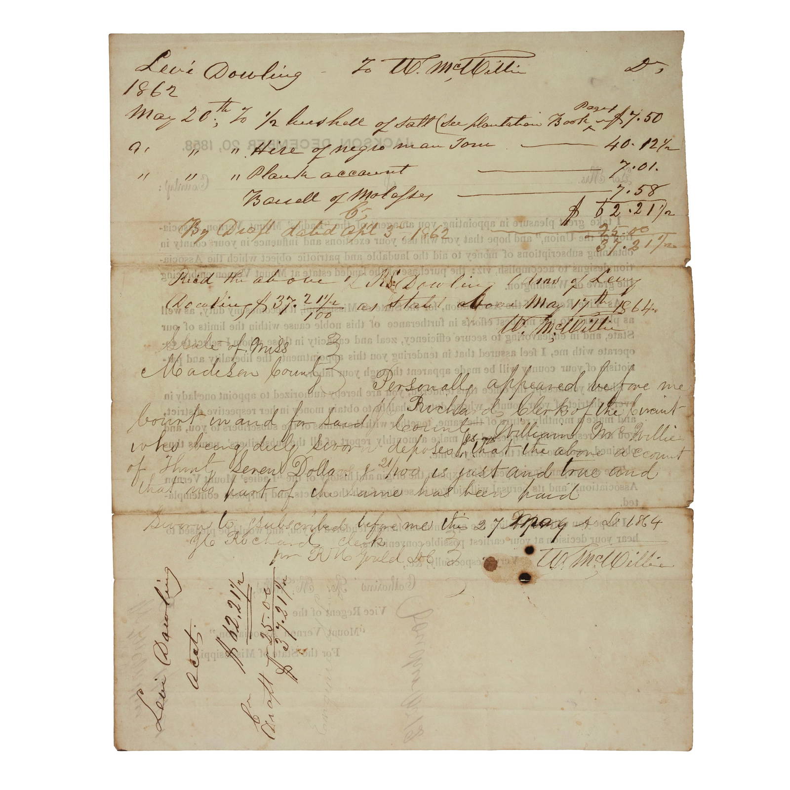 [slavery & Abolition]. Mississippi Governor Wm. Mcwillie 1862 Claim For