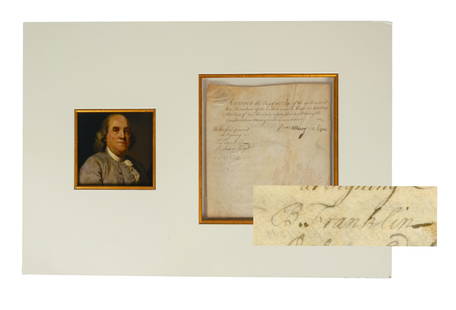 Early Benjamin Franklin Signed Document. Philadelphia, 15 May 1733.: EARLY DOCUMENT SIGNED BY BENJAMIN FRANKLIN Partial document signed by Benjamin Franklin. [Philadelphia, Pennsylvania], 17 May 1733. 7 1/8 x 7 3/4 in., on vellum, float mounted in double-sided mat and