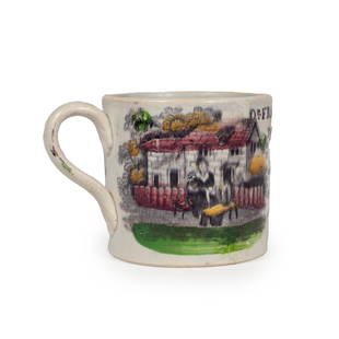 c. 1820 Dr. Franklin's Maxims Mug: c. 1820 English children's mug featuring a colorful vignette transfer scene and one of Dr. [Benjamin] Franklin's maxims. Maxims featured in this series of Staffordshire pearlware were generally from