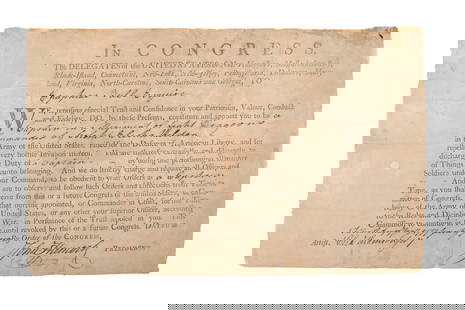 [HANCOCK, John] Washington’s Spy, Officer’s Commission: Partly printed document signed by John Hancock as President of the Continental Congress, for Epaphras Bull (1748-1781). [Philadelphia, Pennsylvania], 10 January 1777. 1 page, ## x ## in. Completed in