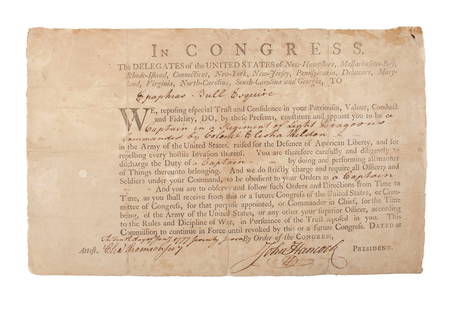 [HANCOCK, John] Washington’s Spy, Officer’s Commission: Partly printed document signed by John Hancock as President of the Continental Congress, for Epaphras Bull (1748-1781). [Philadelphia, Pennsylvania], 10 January 1777. 1 page, ## x ## in. Completed in