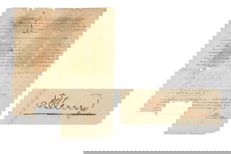 Patrick Henry Signed Land Grant as Governor of Virginia: Partly printed document signed by Patrick Henry, as Governor of Virginia. [Richmond], Virginia, 20 August 1785. 1 page, approx. ## x ## in. Docketed to verso. A Virginia land grant signed by Patrick