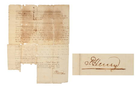 Patrick Henry Signed Land Grant as Governor of Virginia: Partly printed document signed by Patrick Henry, as Governor of Virginia. [Richmond], Virginia, 20 August 1785. 1 page, approx. ## x ## in. Docketed to verso. A Virginia land grant signed by Patrick