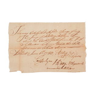 Henry Knox Signed Rev. War Soldier's Service Document: Document signed by Major General Henry Knox and Captain Thomas Patten, for Stephen Savage. West Point, [New York], 6 June 1783. 1 page, ## x ## in. WITH Partly printed pay receipt completed in