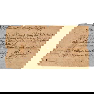 Painter John Trumbull Signed Rev. War Document: Autograph note signed by John Trumbull. Connecticut, 7 October 1777. 1 page, ## x ## in. WITH Autograph receipt note. Hartford, [Connecticut], 21 February 1778. WITH Autograph receipt note signed by