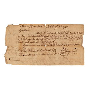 Painter John Trumbull Signed Rev. War Document: Autograph note signed by John Trumbull. Connecticut, 7 October 1777. 1 page, ## x ## in. WITH Autograph receipt note. Hartford, [Connecticut], 21 February 1778. WITH Autograph receipt note signed by