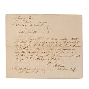 Aaron Burr Legal Document: Autograph letter secretarially signed by Aaron Burr, to J.W. Mulligan. 8 April 1825. 1 page, ## x ## in. WITH Autograph deposition signed by Thomas H. Flandran. [Delaware County, New York], 8 April 18