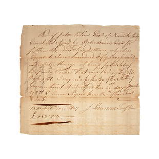 [REVOLUTIONARY WAR] 1783 Treasury Receipt re: Robert Morris: Autograph document signed by John Lawrence. Hartford, Connecticut, 31 March 1783. 1 page, 8 1/4 x 7 5/8 in. Docketed and signed by Captain Jabez Perkins to verso. A scarce treasury receipt document