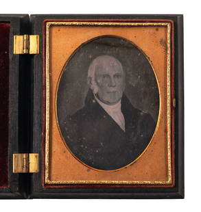 [Daguerreotype] Revolutionary War & War of 1812 Hero: Quarter plate daguerreotype. Thermoplastic case affixed with a silver plaque engraved "Genl. Mooers, Plattsburgh, NY." c. 1855 daguerreotype of an early painted portrait of General Benjamin Mooers (17