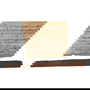 1626 Colonial Shipwreck Relic “Sparrowhawk”: Wooden ship remnant, attributed to the Sparrowhawk. Length 7 3/4 in. With handwritten note in a 19th century hand reading: “Piece of plank from the wreck of the ship Sparrowhawk belonging to the