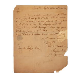 [WAR OF 1812] Early Marine Letter: Autograph letter signed by Samuel Miller to Roger Jones (1789-1852), as lieutenant. Headquarters, Adjts. Office, [Washington D.C.], 20 November 1809. 1 page, 4to, 7 7/8 x 9 3/4 in, with integral