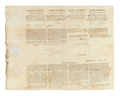 Madison & Monroe Signed Ship Passport: Partly printed document signed by James Madison, as President, and James Monroe, as Secretary of State. New York, 8 December 1812. 1 page, ## x ## in. With two wafer seals, countersigned by Collector