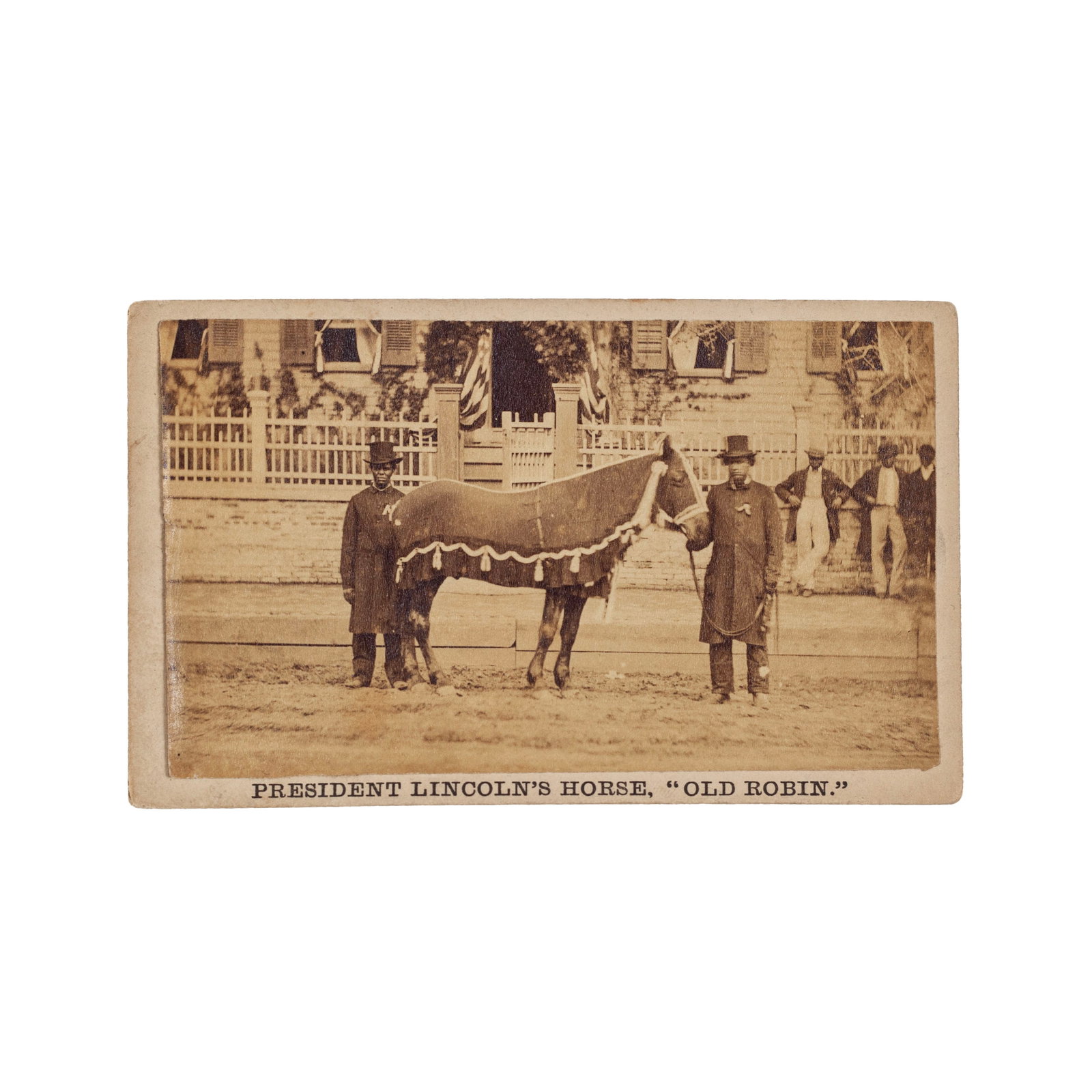 Lincoln's Horse at His Funeral & African American Preacher: OLD BOB AT LINCOLN'S FUNERAL CORTÈGE, LED BY BLACK AME REV. HENRY BROWN President Lincoln's Horse, "Old Robin". Springfield, Illinois: F.W. Ingmire, [May 1865]. Printed title to mount recto. Photogra