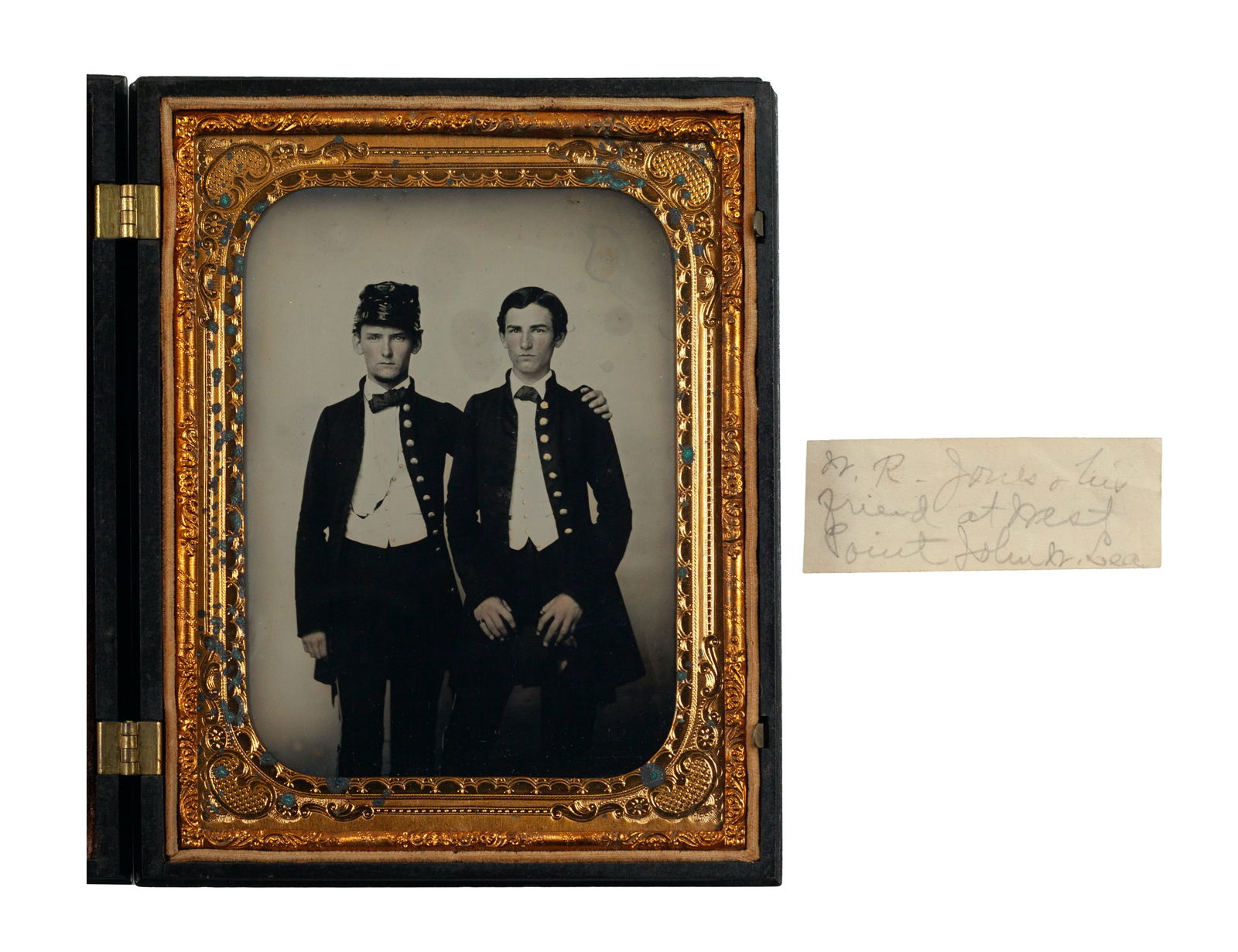 West Point Cadets, Future Confederate Officers: Half plate studio ambrotype. [ca 1859-1860]. Full thermoplastic case with rural genre vignette. With period note reading: “W.R. Jones & his friend at West Point John W. Lea/ [on reverse] who aft