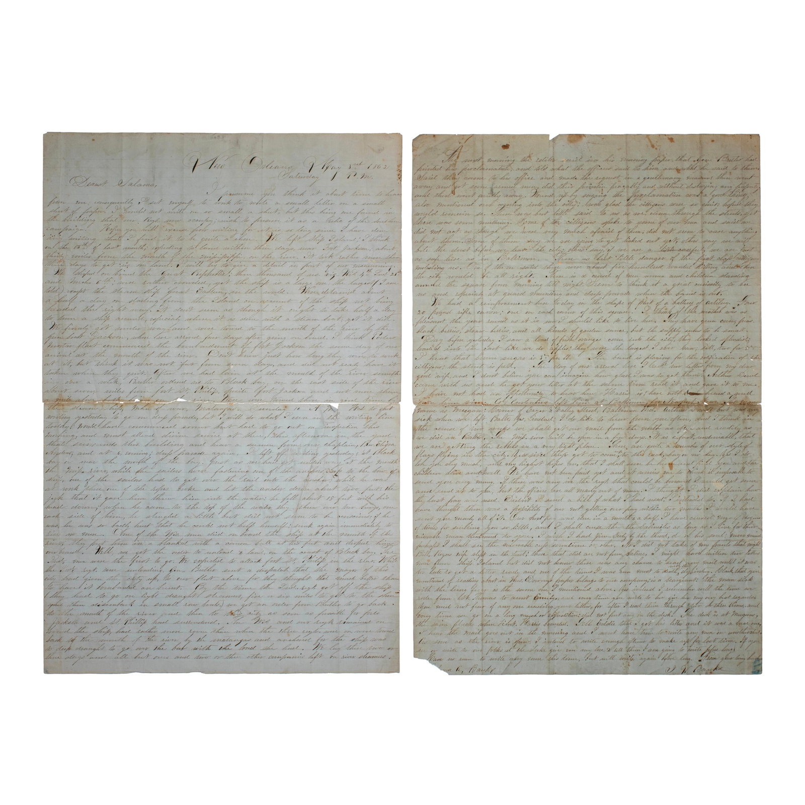 [CIVIL WAR] Enormous 1862 Letter Re: Occupation of New Orleans: Autograph letter signed by John Wesley Banks to Salama. New Orleans, Louisiana, 3-4 May 1862. 4 pages, oversize folio, repurposed ledger pages, each 13 1/2 x 20 in. A remarkable letter written on gar