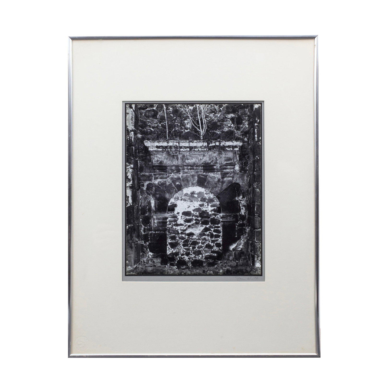 [DON WORTH] Cathedral Ruins, San Blas,Nayarit Mexico (Signed): Don Worth (1924-2024). Cathedral Ruins, San Blas, Nayarit Mexico. 1972. Silver gelatin print. Signed in pencil to lower mount recto. Image 7 5/8 x 9 5/8 in. Framed to 14 3/16 x 18 1/4 i