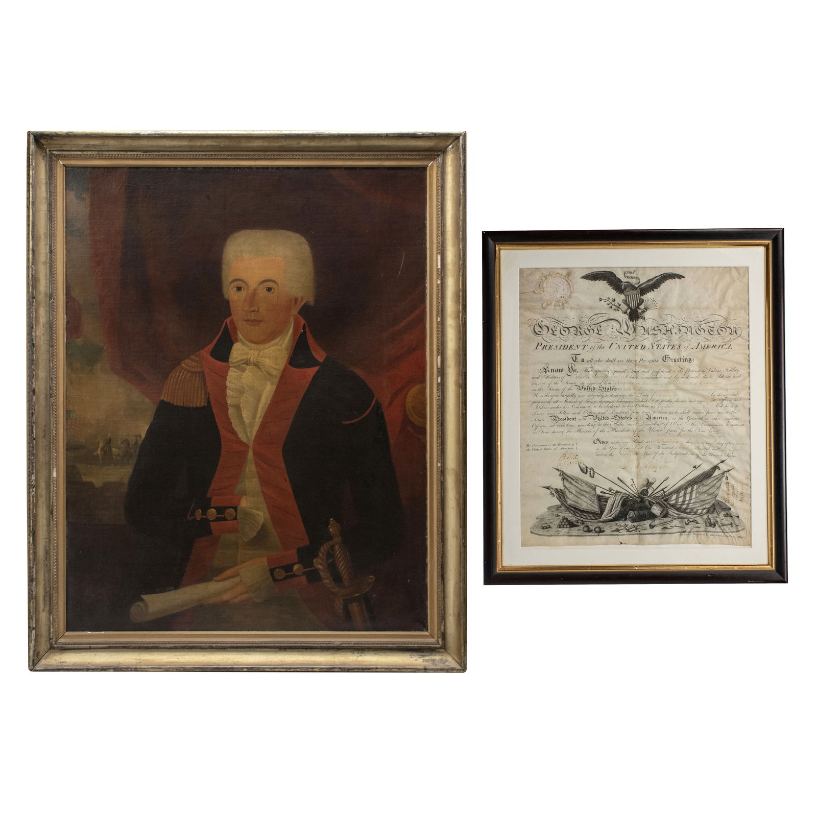 [REVOLUTIONARY WAR] Washington Signed Officer's Commission & Portrait