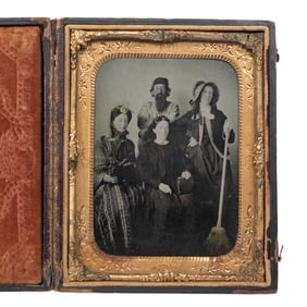 [TINTYPE] Group Portrait w/ Lap Dog, Album, & Broom