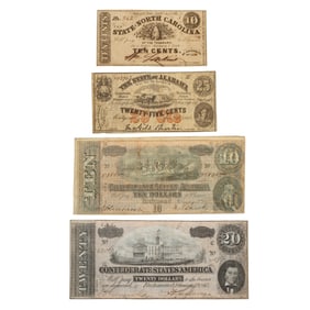 [CIVIL WAR] (4) Confederate Currency Notes, Incl. NC & Alabama Fractional