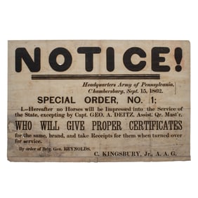 [CIVIL WAR] Rare Chambersburg Special Order No. 1 Broadside