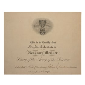 [GETTYSBURG] Joshua Chamberlain Signed Certificate to John Bachelder
