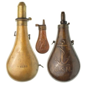 [MILITARIA] (3) Powder Flasks, incl. 1844 Stimpson Contract USN & US Life Saving Service Examples
