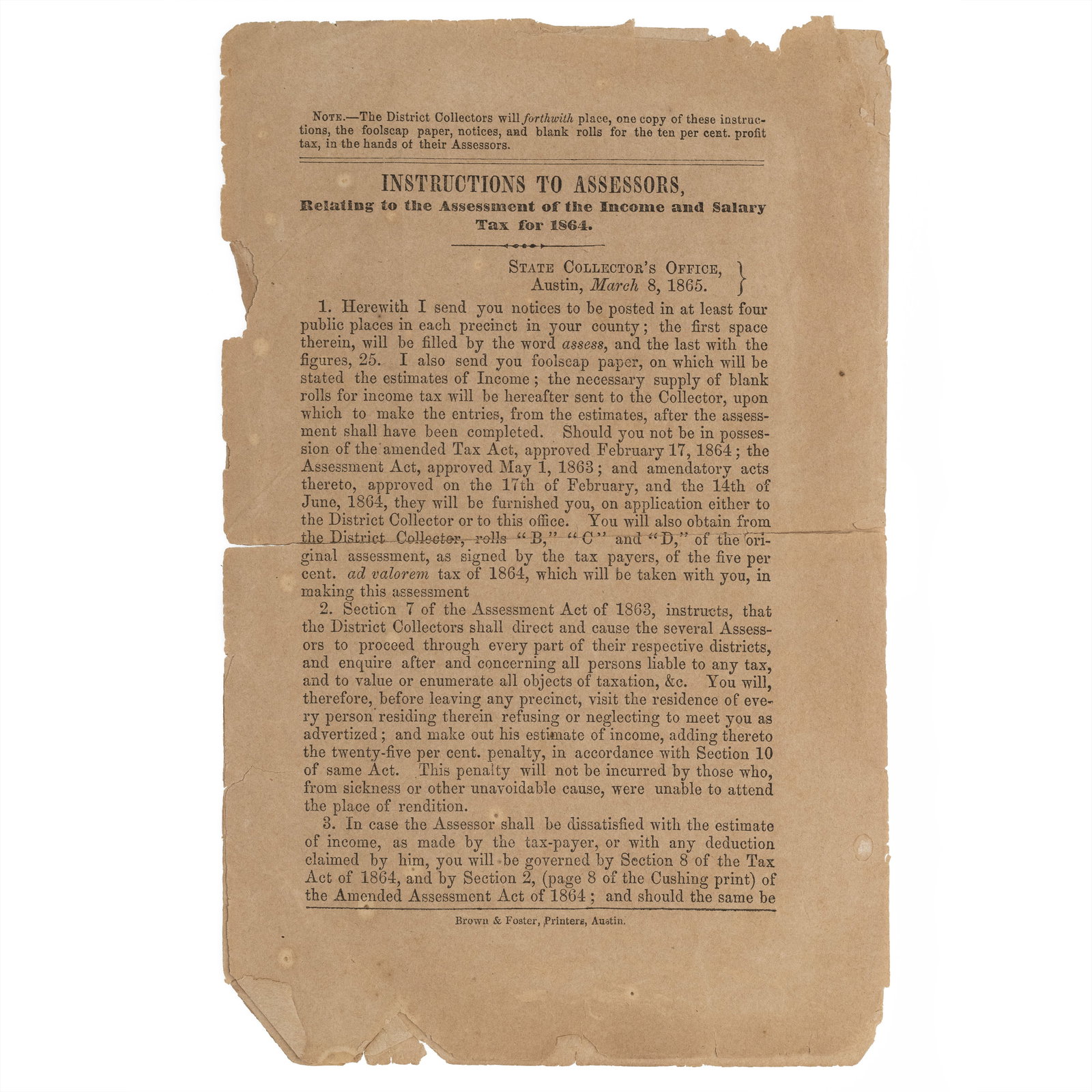[CIVIL WAR] Instructions to Texas Assessors for 1864: George J. Durham. Instructions to Assessors, Relating to the Assessment of the Income and Salary Tax for 1864. Austin: Brown & Foster, 1865. 8vo. A pamphlet from the State of Tex