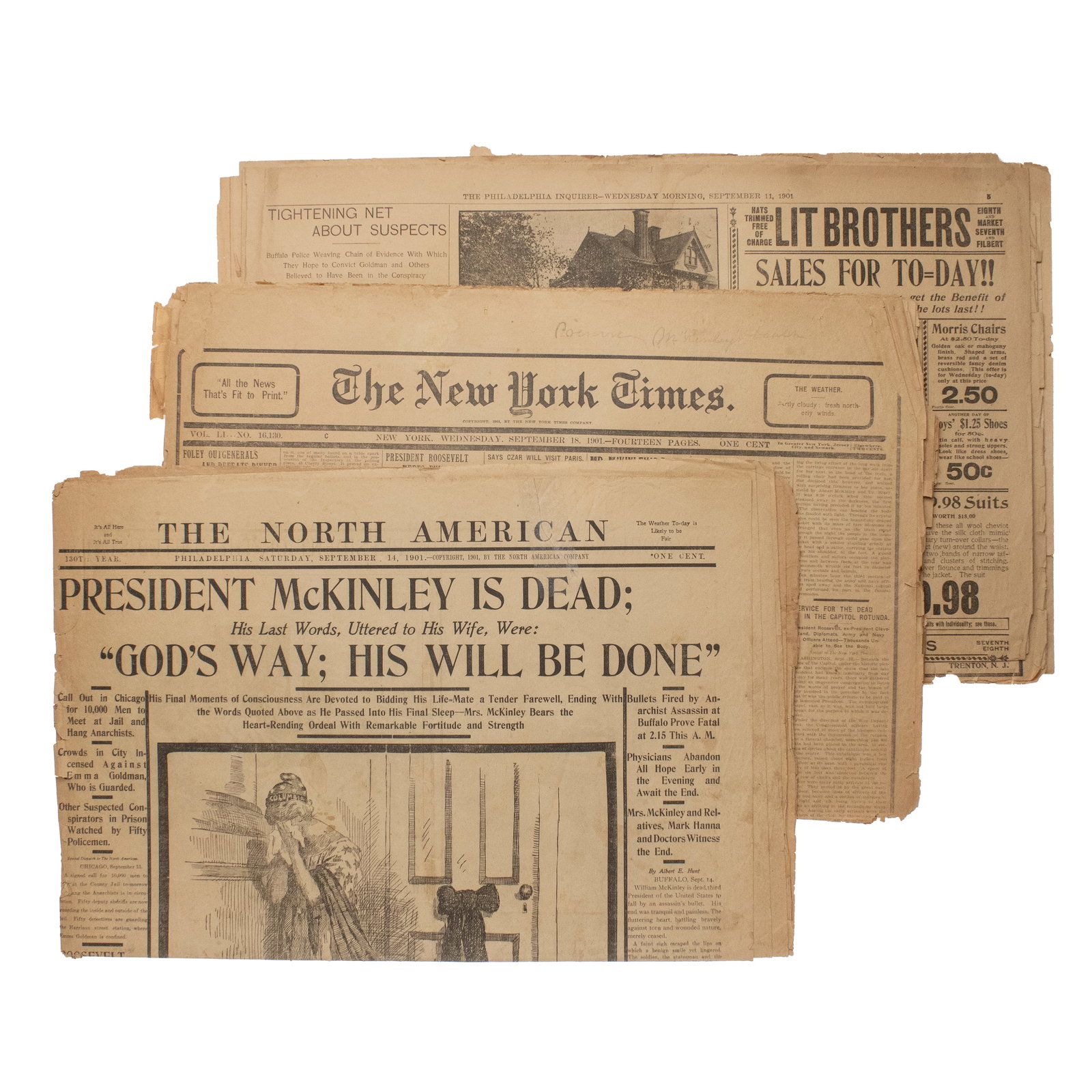 [POLITICS] McKinley Assassination Newspapers: A group of four (4) newspapers reporting on the assassination of President William McKinley, including illustrated examples. Items include: 1. The North American. Philadelphia: The N