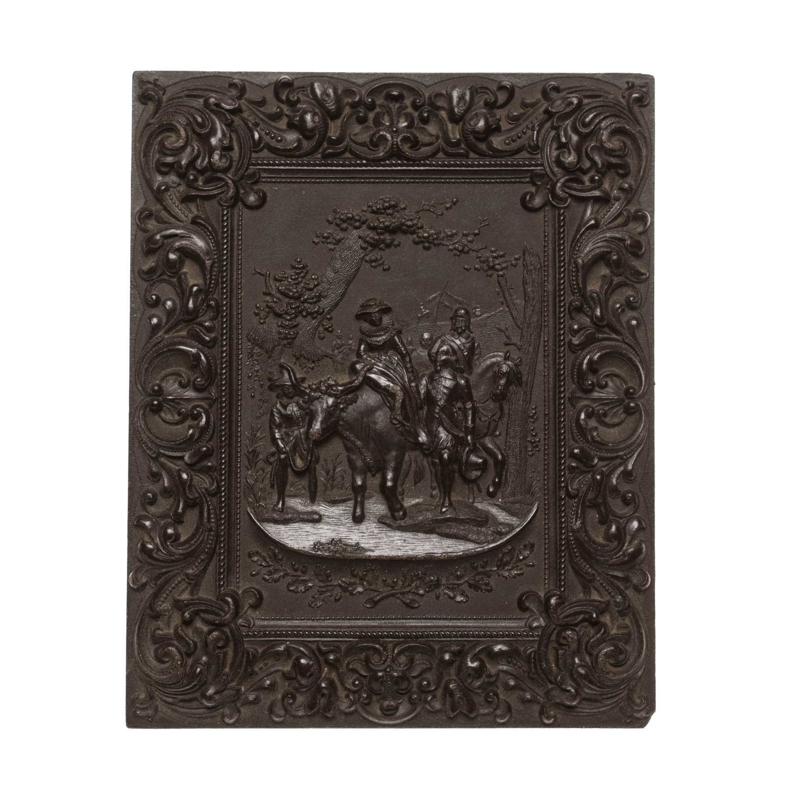 [EARLY PHOTOGRAPHY] "Wedding Procession" Half Plate Thermoplastic Case: Empty half plate thermoplastic case. Massachusetts, ca. 1850s. Features the "Wedding Procession" motif (Krainik 10). What began in 1853 as A. P. Critchlow & Co. was reo