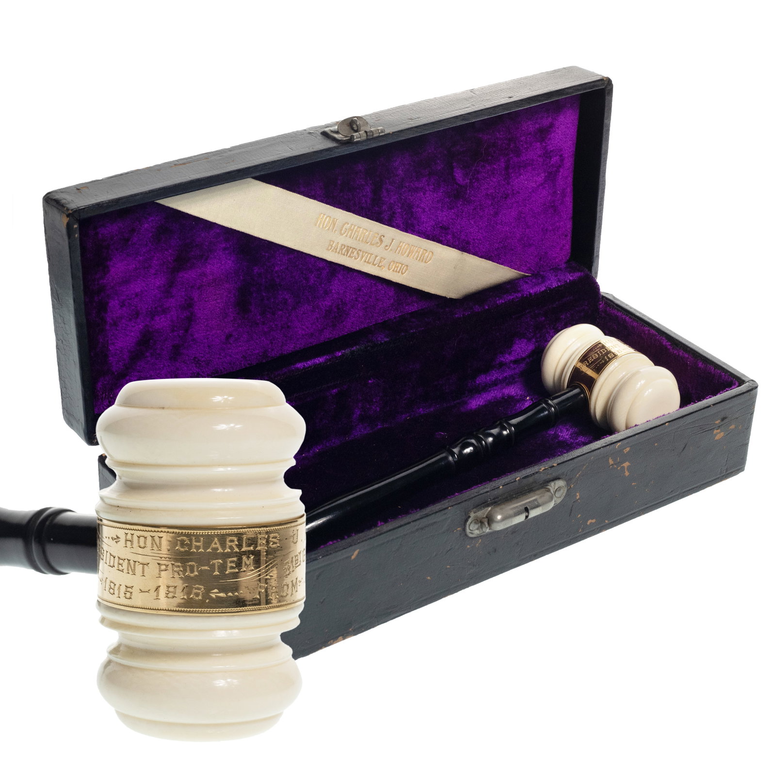 [POLITICS, OHIO] 1916 Presentation Gavel to Charles John Howard, President of Ohio State Senate: Bone and ebonized wood handled presentation gavel. Gold collar finely engraved: "HON. CHARLES J. HOWARD / PRESIDENT PRO-TEMPORE GENERAL ASSEMBLY / 1915-1916 SENATORS". With original presenta