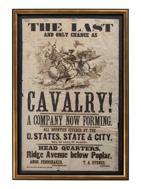 [CIVIL WAR] 13th PA Cavalry Illustrated Recruitment Broadside: The Last and Only Chance as Cavalry! Letterpress broadside. Philadelphia: King & Baird, [1862]. 23 7/8 x 37 5/8 in., framed to 29 x 42 1/2 in. Penciled name to upper right