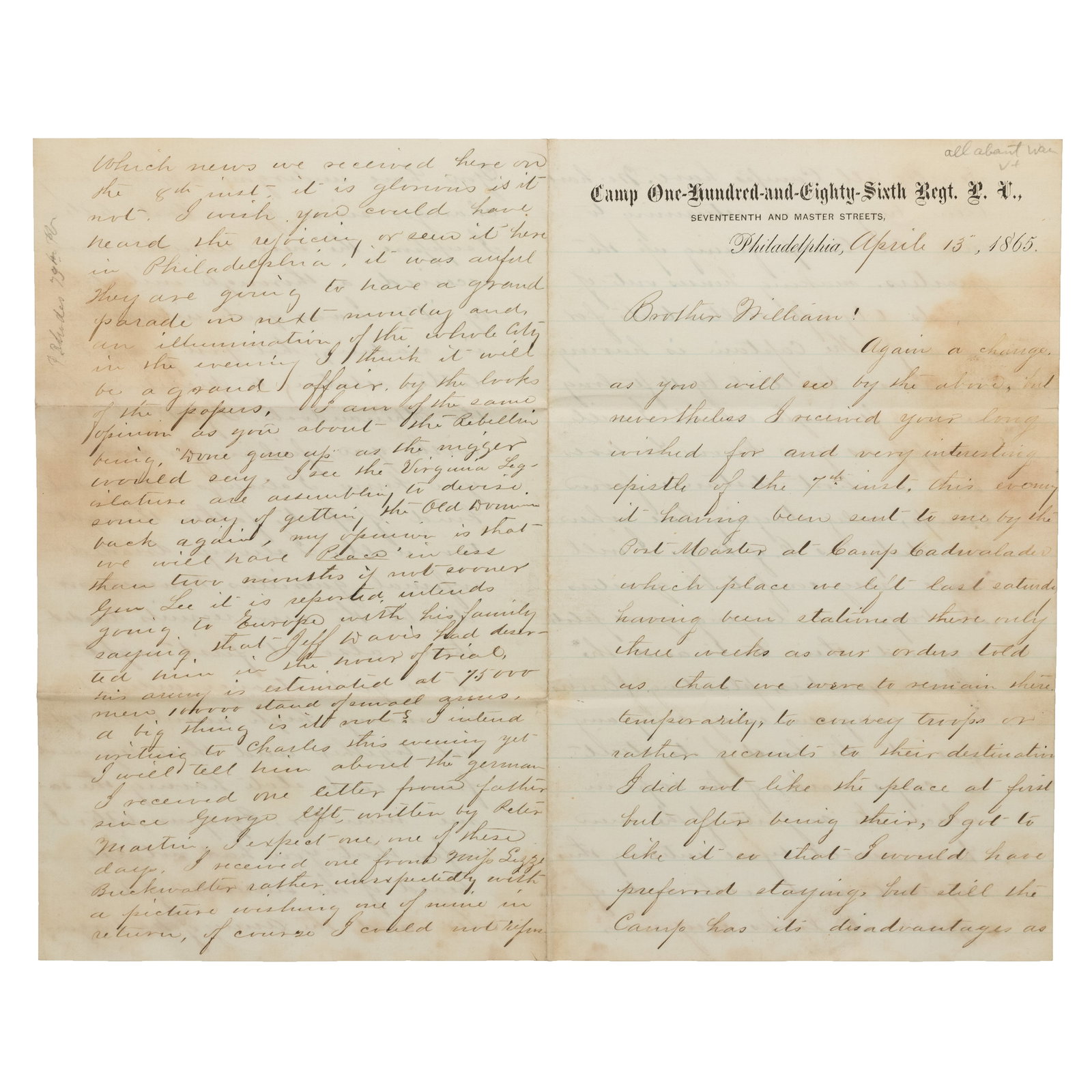 [CIVIL WAR] Pennslyvania Letter re: Lee's Surrender (1 of 2)