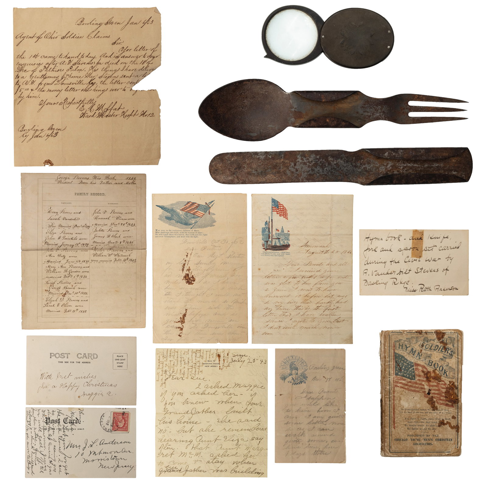 [CIVIL WAR] Archive of 105th Illinois Soldier & Family: This multi-generational family archive centers on Abraham Vanderbilt Stevens of the 105th Illinois, a distant cousin of Cornelius Vanderbilt, and preserves his Civil War service, illness, death, and f