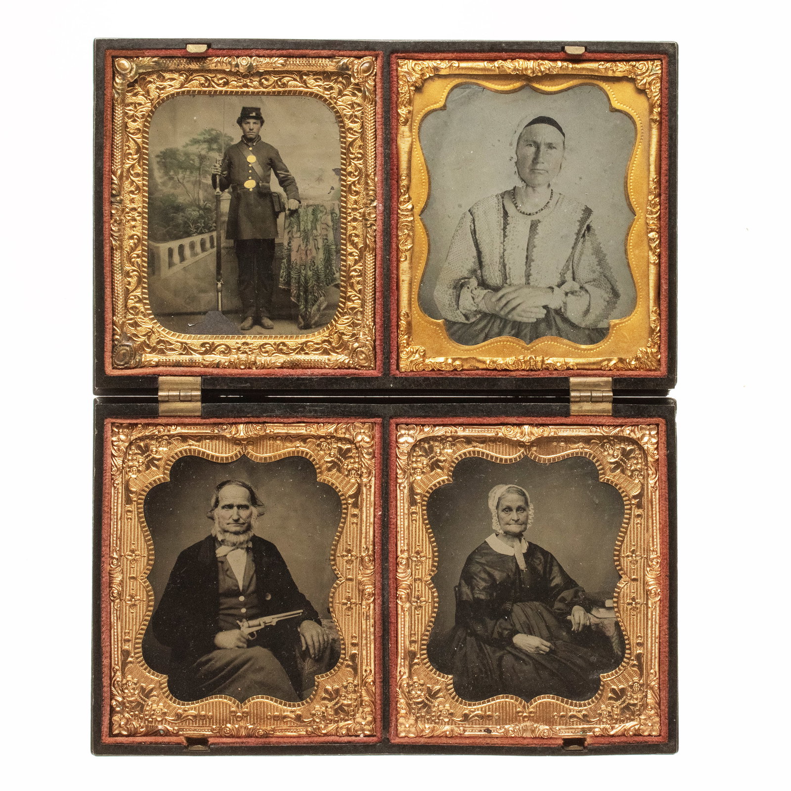 [CIVIL WAR] Family Portraits ft. Soldier & Armed, Elderly Man: Four (4) sixth plate portraits, presumably of family members. Top left and two bottom images are tintypes, top right is an ambrotype. N.p., [mid-19th century]. Full thermoplastic four-panel case. 