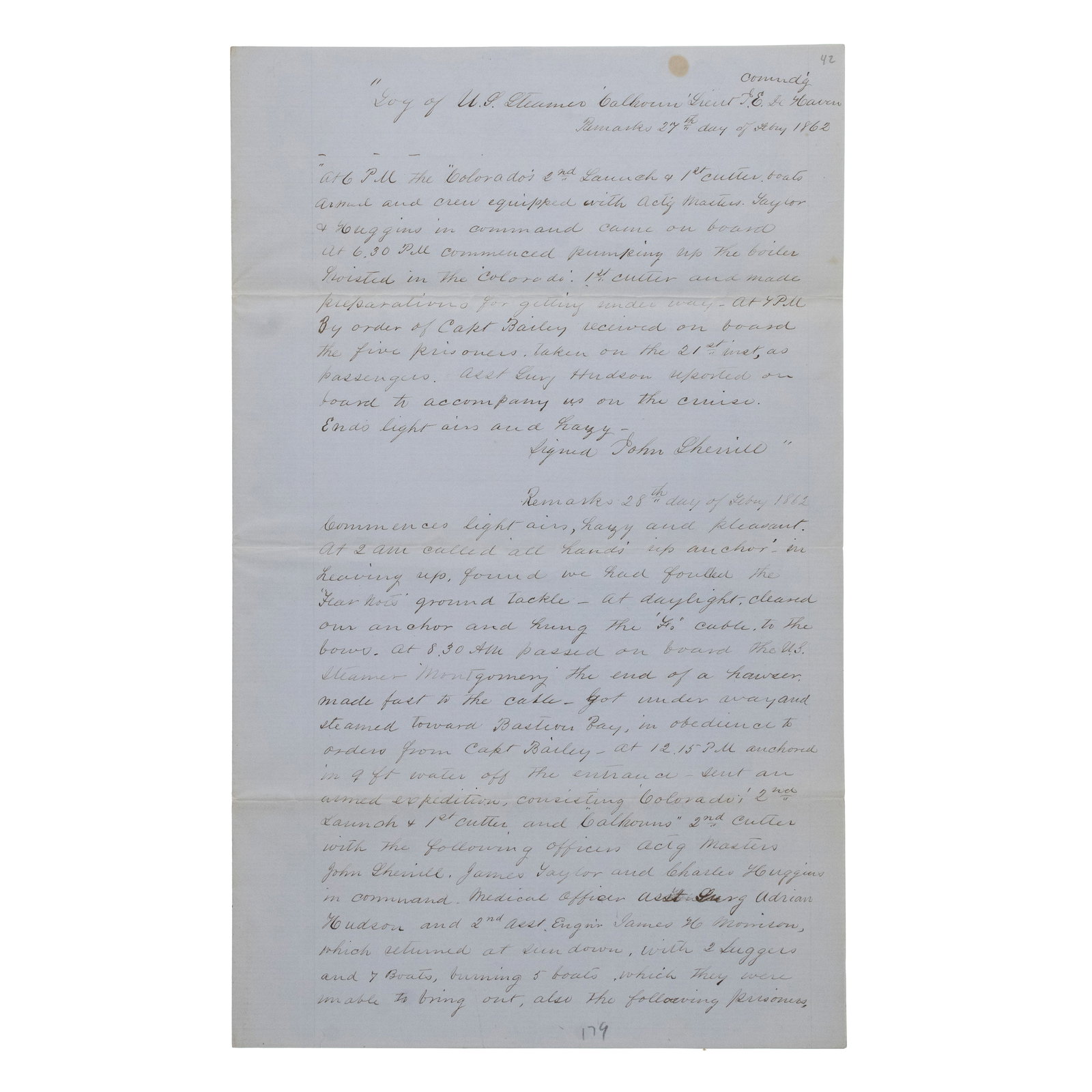 [CIVIL WAR, NAVY] Confederate CSS Calhoun Prisoner Report (1 of 2)
