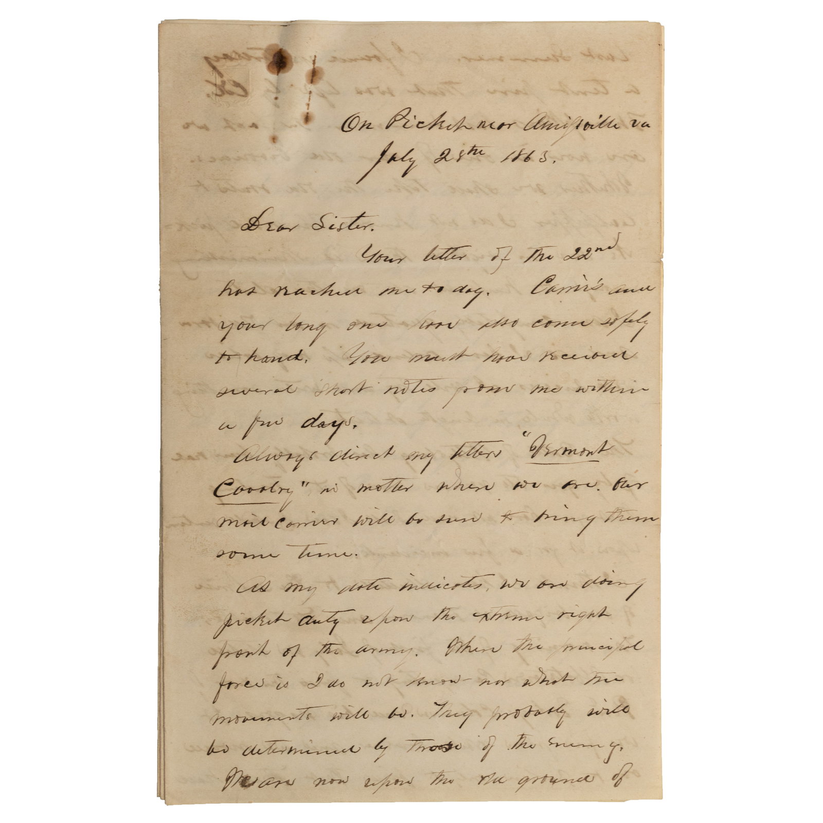 [CIVIL WAR, GETTYSBURG] Surgeon's 1863 Letter re: Gettysburg (1 of 8)
