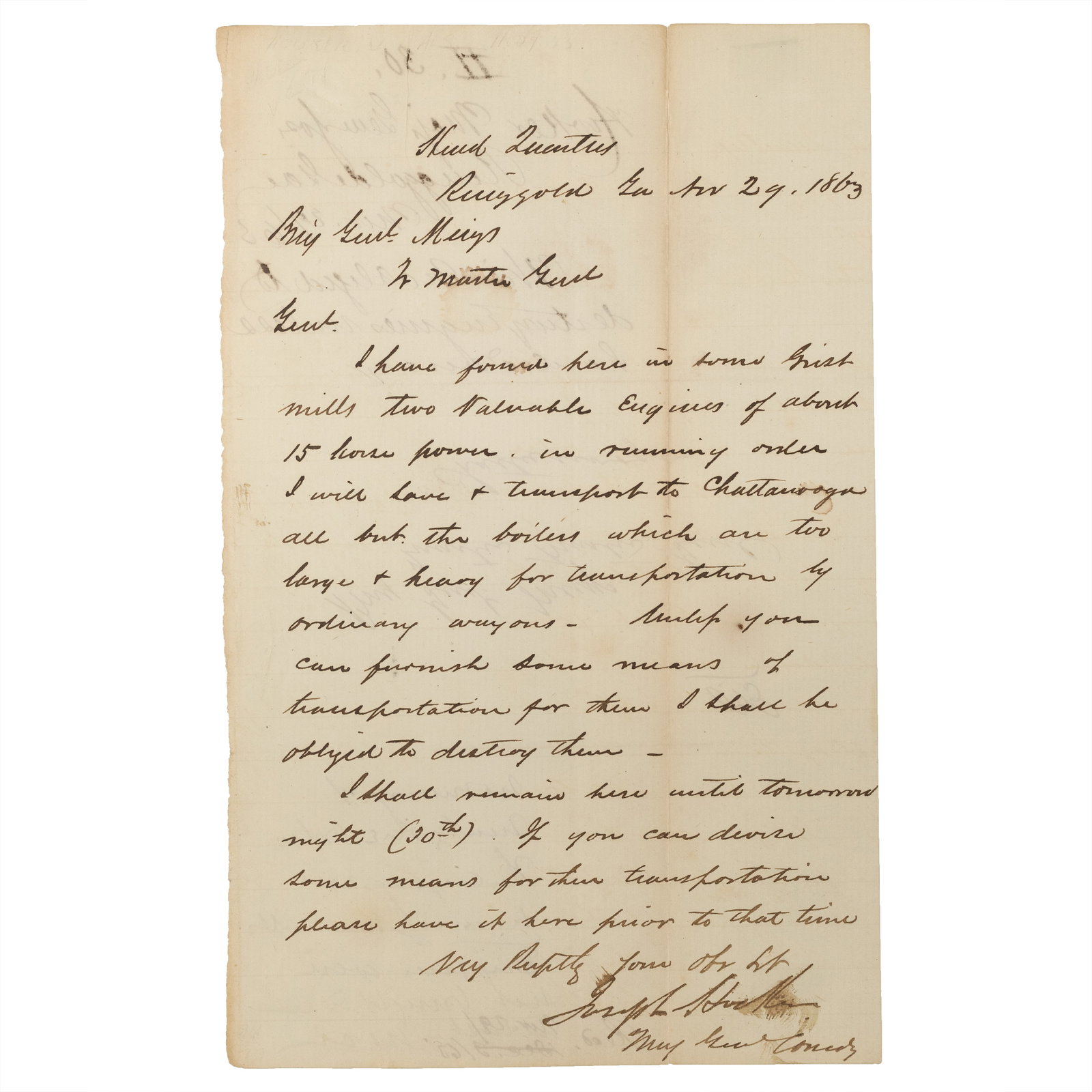 [CIVIL] 1863 SIGNED General Hooker Letter to Gen. Meigs (1 of 2)